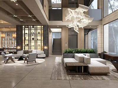 Modern Hotel Lobby Interior With Large Chandelier Sofa Area And Green Plants 3d model