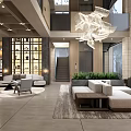 Modern Hotel Lobby Interior With Large Chandelier Sofa Area And Green Plants