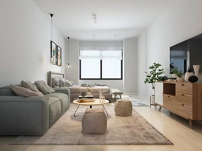Modern Apartment Living Room Interior With Grey Sofa Coffee Table And Large Window Rug 3d model