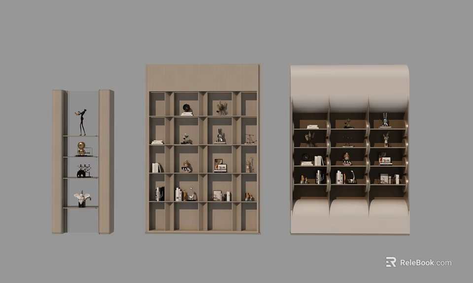 Modern Bookcase Design With Open Shelves And Decorative Items Display Interior 3d model