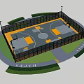 Outdoor Basketball Court Enclosed With Fence And Lighting Poles Surrounding Greenery