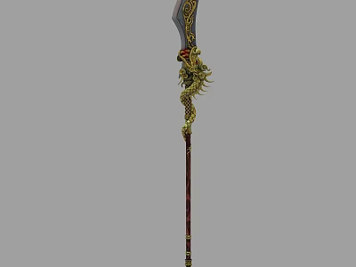 Traditional Ornate Weapon With Intricate Golden Dragon Carving And Wooden Shaft 3d model