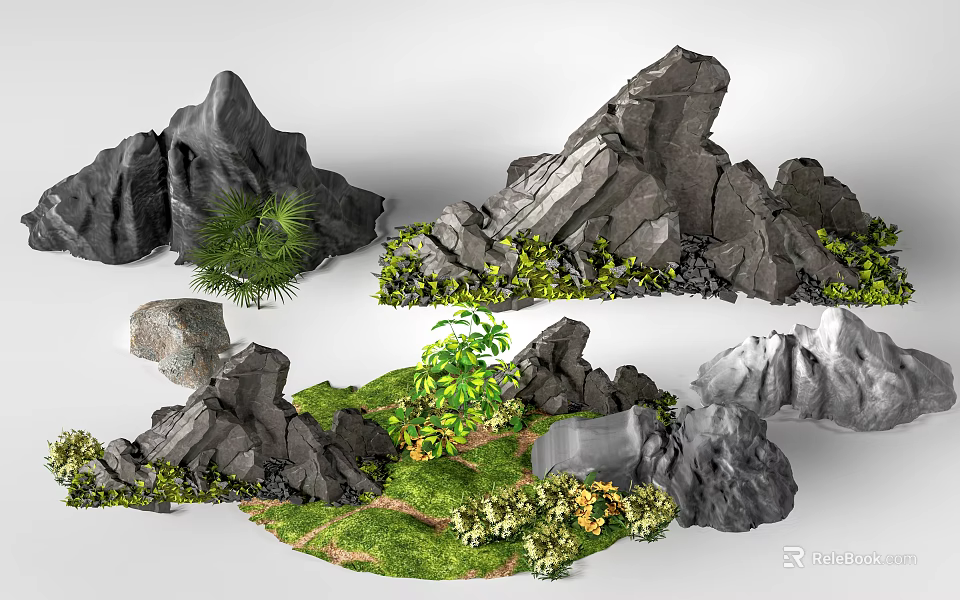 Natural Garden Ornaments With Various Rocks Green Plants And Grass 3d model 