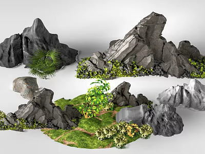 Natural Garden Ornaments With Various Rocks Green Plants And Grass 3d model