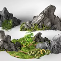 Natural Garden Ornaments With Various Rocks Green Plants And Grass