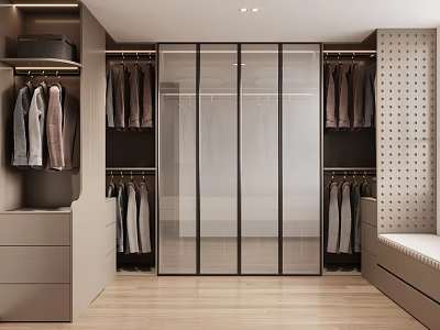 Modern Beige Walk In Wardrobe With Frosted Sliding Glass Doors And Large Clothing Storage System 3d model