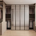 Modern Beige Walk In Wardrobe With Frosted Sliding Glass Doors And Large Clothing Storage System