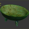 Artisan Crafted Sculptural Bowl With Green Copper Glaze And Blue Tripod Legs