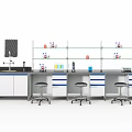 Laboratory Workstation With Black Benches Stools Shelves And Scientific Equipment