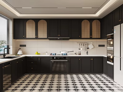Modern Black Kitchen Interior With Arched Louver Cabinets White Countertops And Checkered Floor 3d model