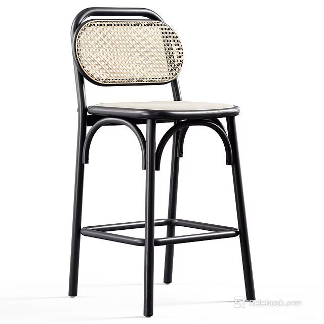 Modern Bar Stool With Black Metal Frame Woven Backrest And Light Colored Seat 3d model 
