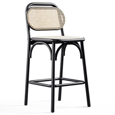 Modern Bar Stool With Black Metal Frame Woven Backrest And Light Colored Seat 3d model