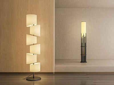 Modern Floor Lamps With Layered Square Shades And Cylindrical Design On Wooden Floor 3d model