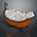 Orange Bathtub With Black Trim Faucet And Wheels Filled With White And Gold Packets