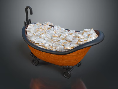 Orange Bathtub With Black Trim Faucet And Wheels Filled With White And Gold Packets 3d model