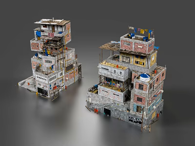 Two Informal Stacked Building Structures With Colorful Small Boxes External Stairs And Pipes 3d model