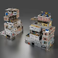 Two Informal Stacked Building Structures With Colorful Small Boxes External Stairs And Pipes