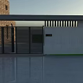 Elegant Entrance Gate With Black Metal Lattice Design Dark Canopy White Walls And Green Shrubs