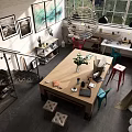 Modern Office Interior With Brick Wall Staircase Large Windows Long Wooden Table And Colorful Chairs
