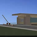 Modern Entrance Gate Building Exterior With Turquoise Panel Brick Wall And Canopy Lawn Driveway