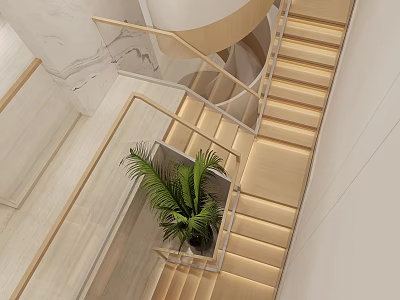 Modern Staircase Interior Design With Wooden Steps Handrail And Green Plant 3d model