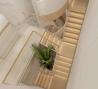 Modern Staircase Interior Design With Wooden Steps Handrail And Green Plant 3d model