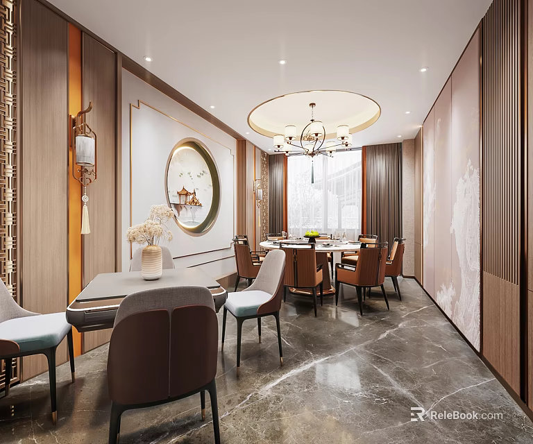 Chinese Style Private Dining Room Interior With Round Table Chandelier And Wooden Walls 3d model 