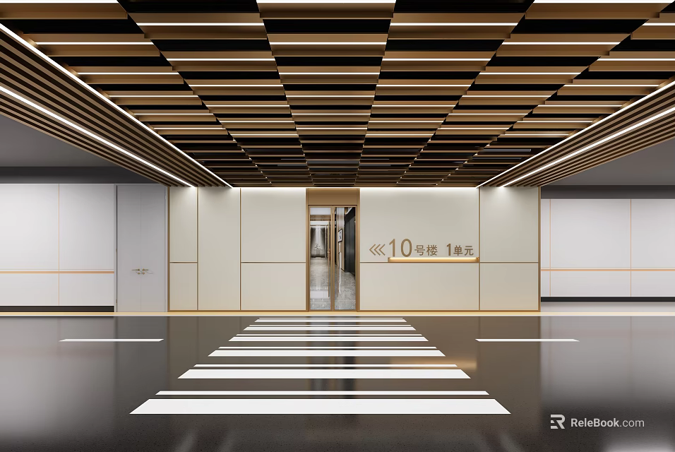 Modern Parking Garage With Striped Ceiling 10th Entrance Sign And White Floor Lines 3d model 