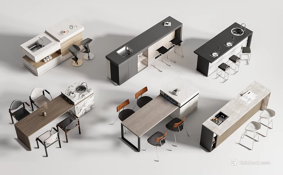 Contemporary Bar Interior Designs With Marble Wooden Countertops And Black Chairs 3d model 