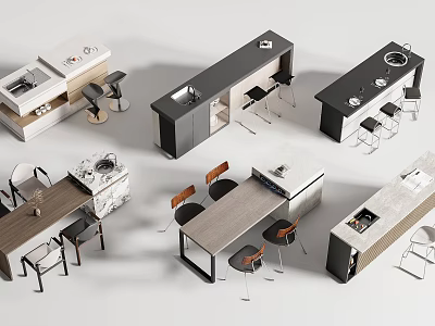 Contemporary Bar Interior Designs With Marble Wooden Countertops And Black Chairs 3d model