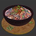 Colorful Mixed Dish with Chilies Peanuts in Black Bowl on Wooden Tray and Green Garnish
