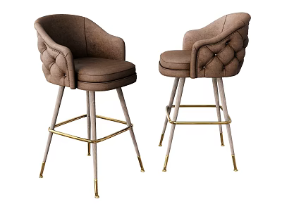 Luxury Brown Padded Bar Stools With Tufted Backrest And Gold Brass Metal Legs 3d model