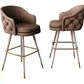 Luxury Brown Padded Bar Stools With Tufted Backrest And Gold Brass Metal Legs