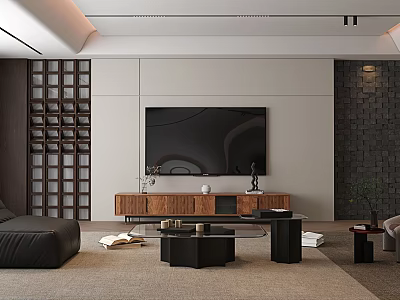 Modern Living Room Interior Design With TV Wall Wooden Stand Black Sofa And Coffee Table 3d model