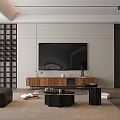 Modern Living Room Interior Design With TV Wall Wooden Stand Black Sofa And Coffee Table