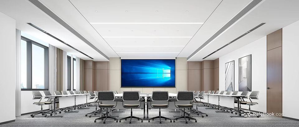 Modern Conference Room With Long Table Ergonomic Chairs Large Screen Wooden Walls And White Ceiling 3d model 