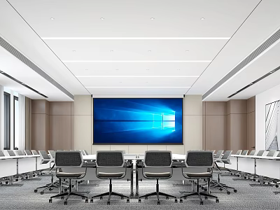 Modern Conference Room With Long Table Ergonomic Chairs Large Screen Wooden Walls And White Ceiling 3d model