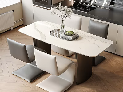 Modern Dining Table And Chairs Set With Marble Top Gray White Chairs And Flower Vase 3d model