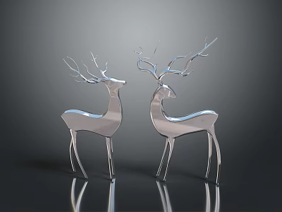 Silver Metallic Deer Decorative Statues With Antlers And Reflective Base 3d model