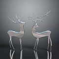 Silver Metallic Deer Decorative Statues With Antlers And Reflective Base 3d model