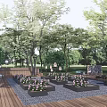 Garden Landscape With Wooden Deck Flower Planters Pebble Ground Seats And Lush Lawn