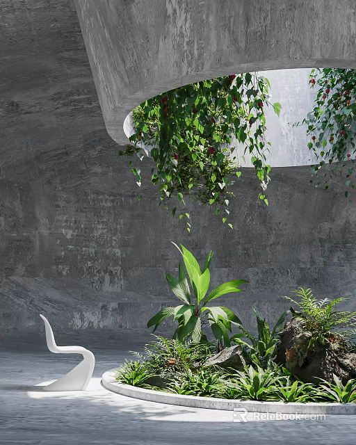 Modern Indoor Landscape With Concrete Wall Hanging Greenery Large Plants And White Chair 3d model 