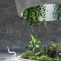 Modern Indoor Landscape With Concrete Wall Hanging Greenery Large Plants And White Chair