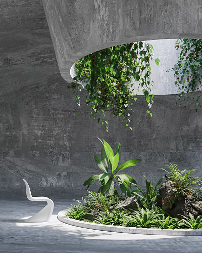 Modern Indoor Landscape With Concrete Wall Hanging Greenery Large Plants And White Chair 3d model