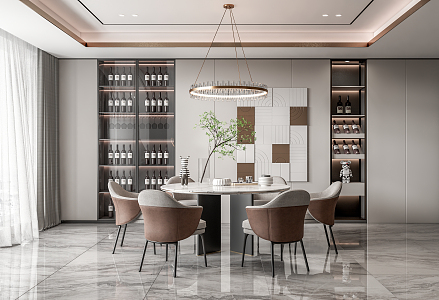 Modern Restaurant Round Table Dining Table and Chair Crystal Chandelier Wine Cabinet Dining Chair Wall Decorations Hanging Picture Curtain 3d model