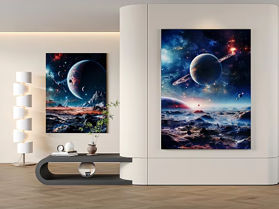 Modern Interior Decor With Space Themed Wall Paintings Featuring Planets And Nebulae 3d model