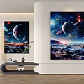Modern Interior Decor With Space Themed Wall Paintings Featuring Planets And Nebulae
