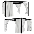 Modern Pergola Design With Black Frame And White Draped Curtains
