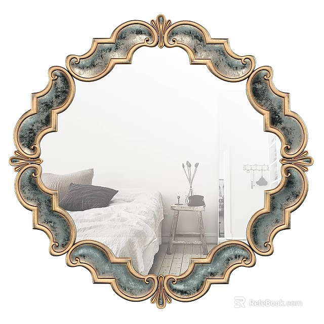Ornate Mirror with Gold and Blue Scalloped Frame Reflecting Bedroom Bed and Table 3d model 