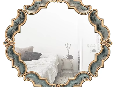 Ornate Mirror with Gold and Blue Scalloped Frame Reflecting Bedroom Bed and Table 3d model